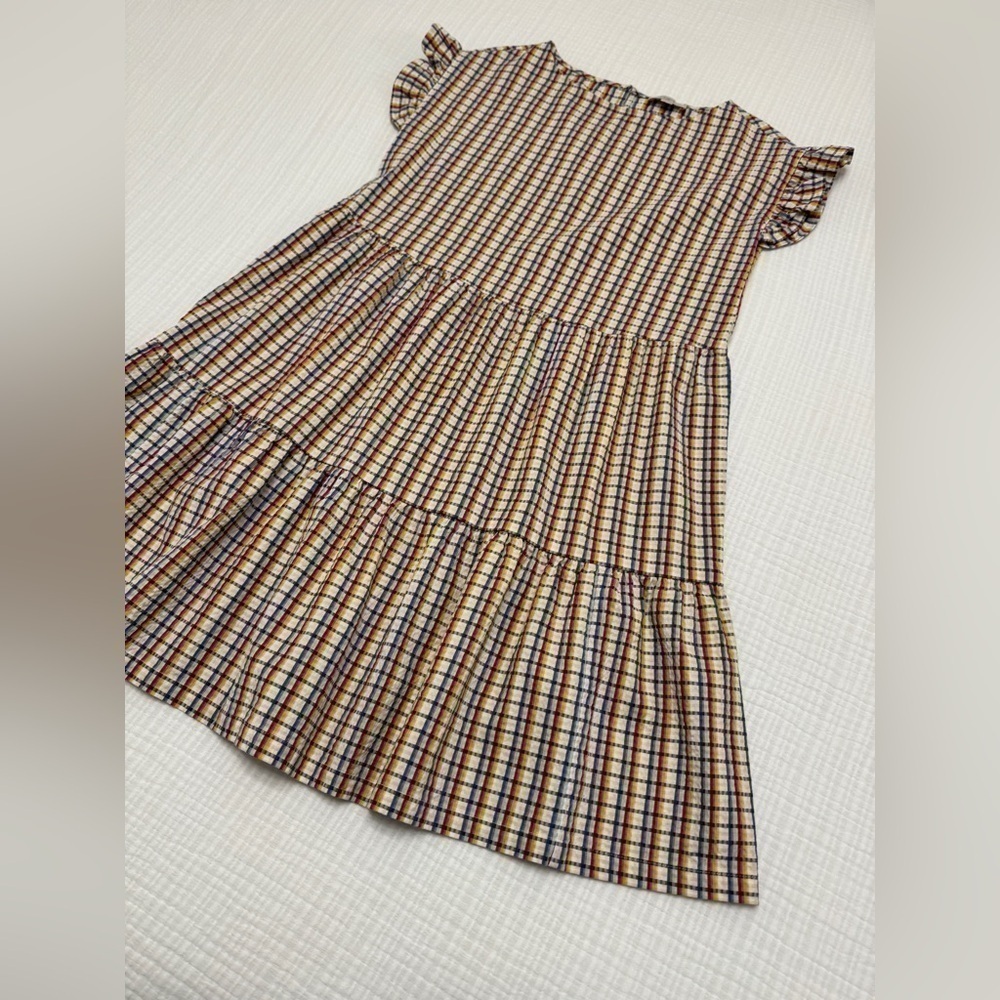 LOFT Multicolor Plaid Woven Cotton A-Line Dress Knee Length Ruffle XS - Picture 4 of 5